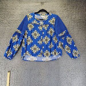 Crown & Ivy Top Women PXL Blue Floral Embroidered Long Sleeve Boho Blouse